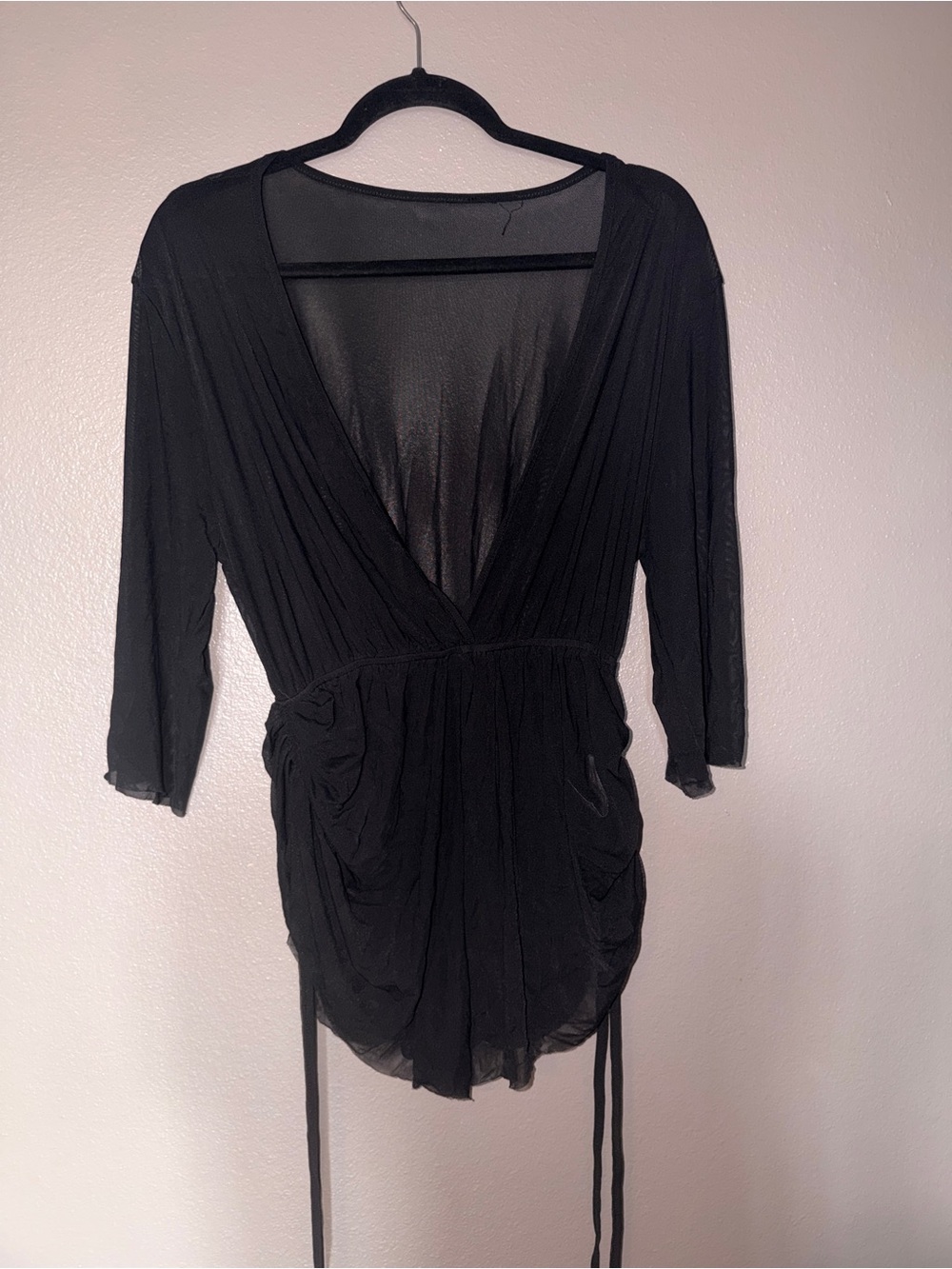 Black Deep V Ruched Swim Coverup with Adjustable Side Ties